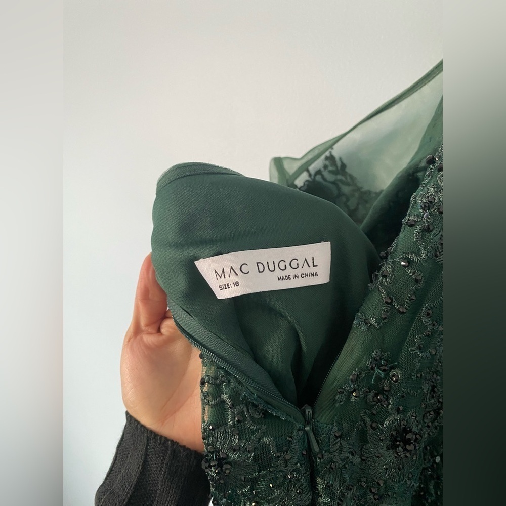 Mac Duggal Green High Neck Flutter Sleeve Embroidered A Line Evening Gown - Picture 7 of 7